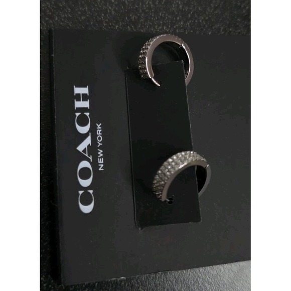 NEW COACH Pavé Huggie Earrings Dangle Hoop Silver Rhinestone - Picture 3 of 4